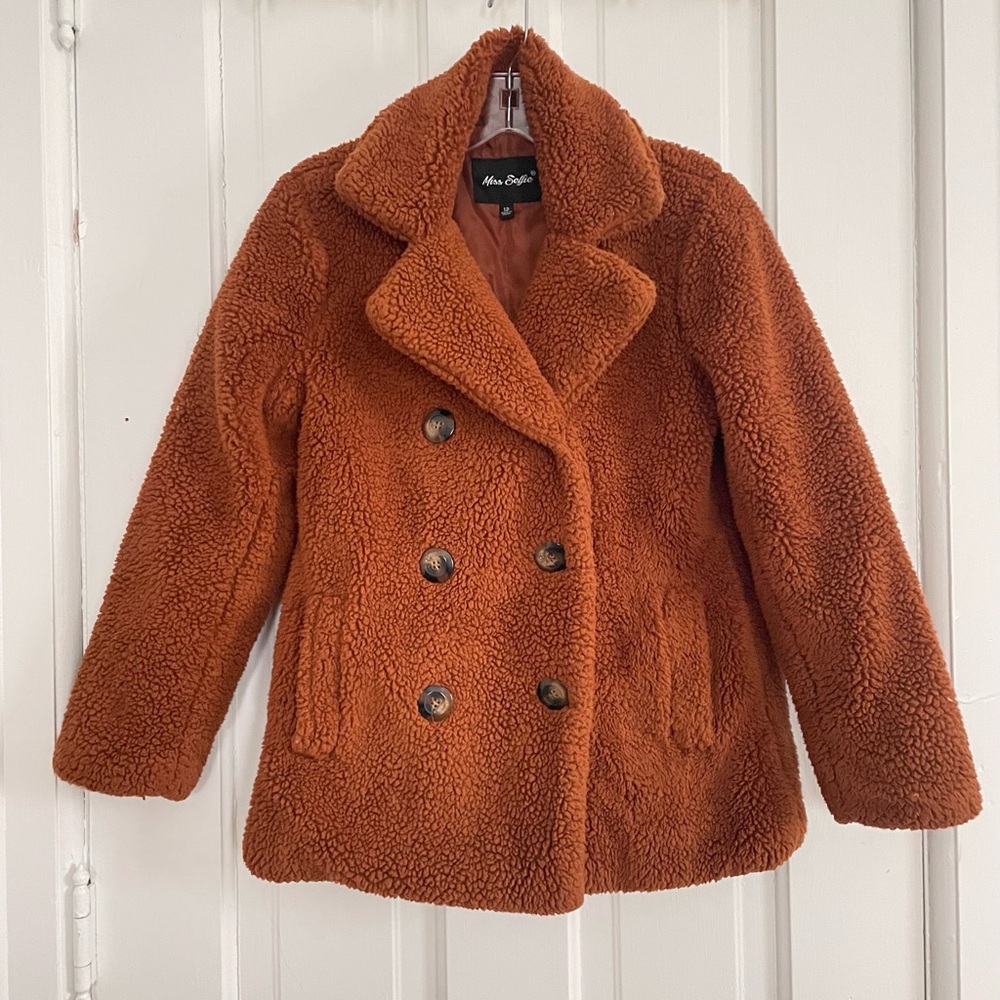 Cozy Double-Breasted Sherpa Coat Kids Size 12 in Rust